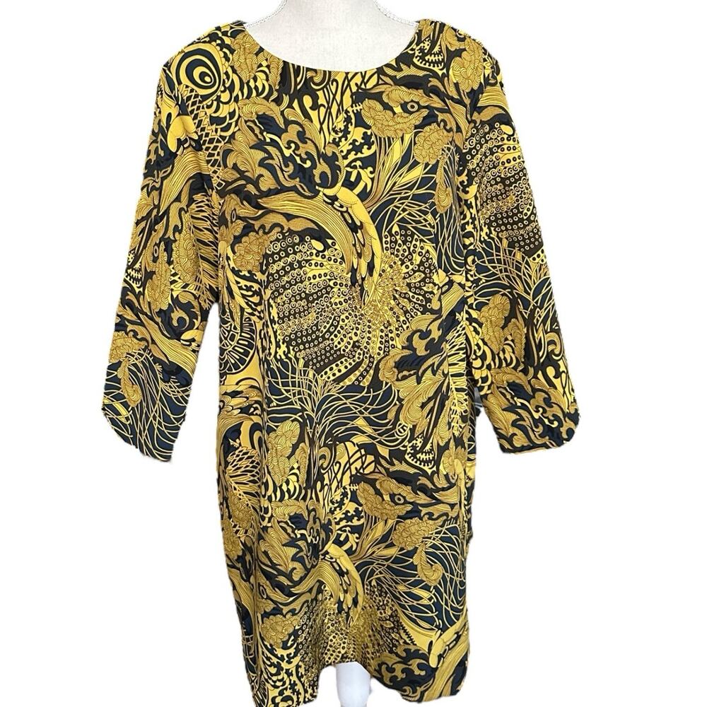 H&M Women's 14 Shift Dress Blue Gold Abstract Print Bold Retro Chic Mod NWT